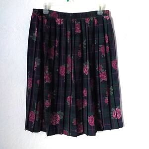 TanJay Blue Plaid Floral Pleat Midi Skirt Size 16P Elastic Waist Pink Rose Goth